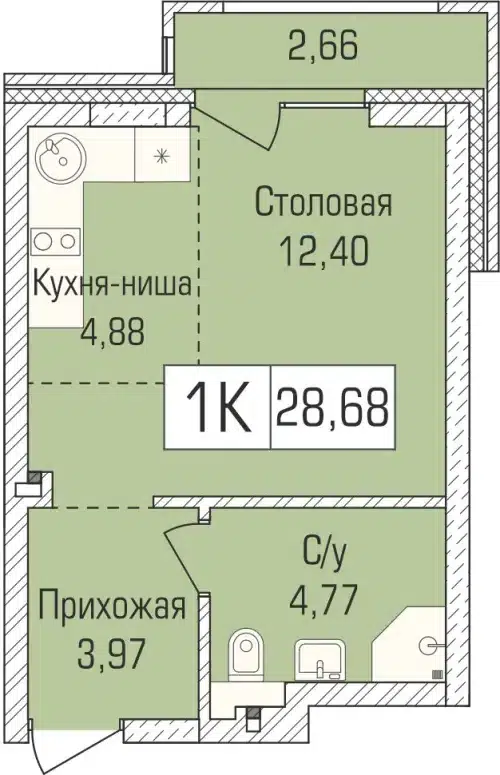 1-комнатная квартира 28.4 м² Цивилизация
