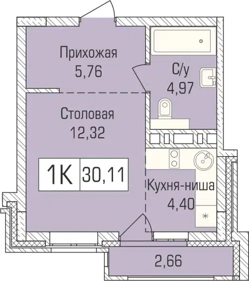 1-комнатная квартира 31 м² Цивилизация