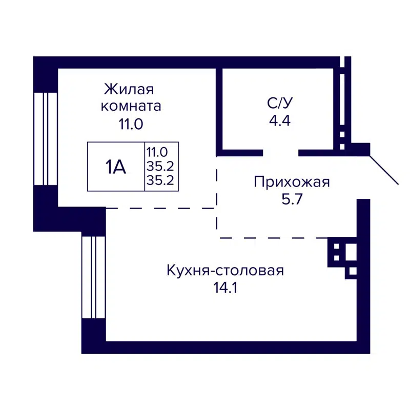 1-комнатная квартира 35.2 м² Сподвижники