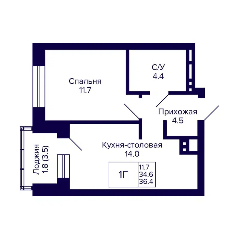1-комнатная квартира 36.4 м² Сподвижники
