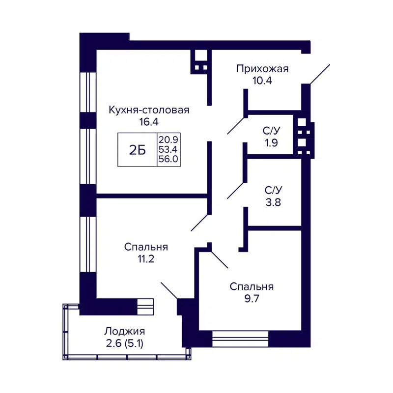 2-комнатная квартира 56 м² Сподвижники