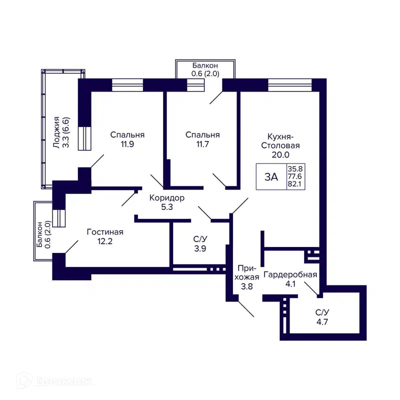 3-комнатная квартира 82.1 м² Сподвижники