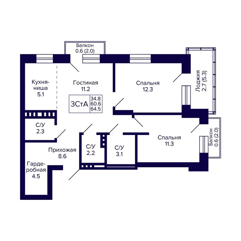 3-комнатная квартира 64.5 м² Сподвижники