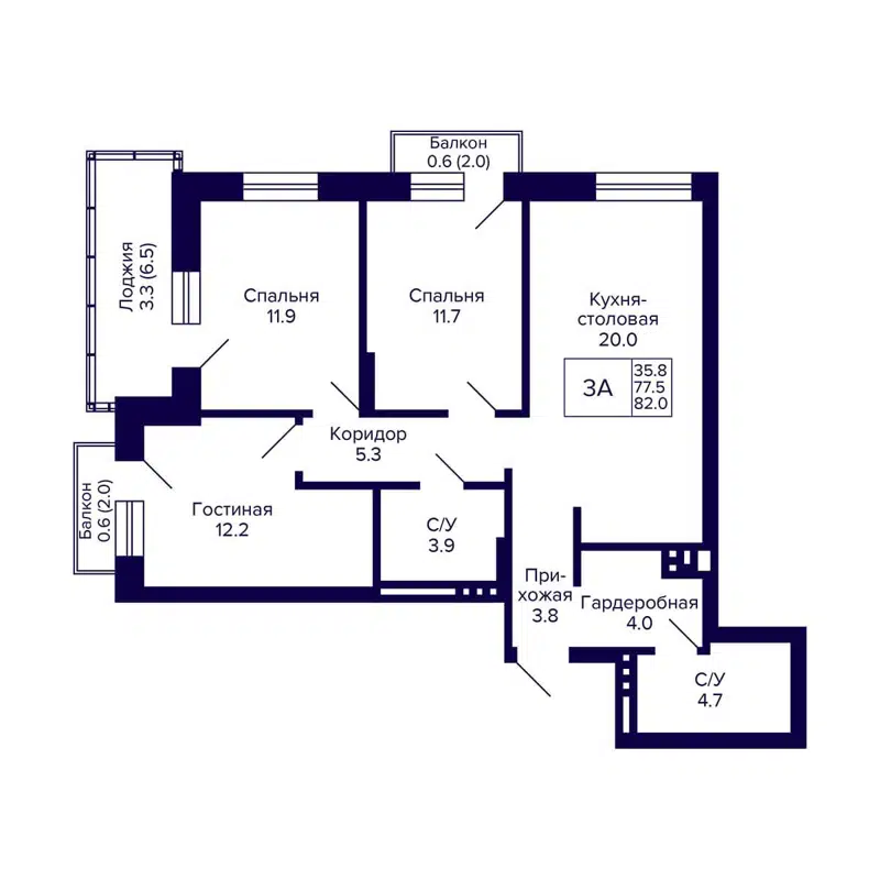 3-комнатная квартира 82 м² Сподвижники