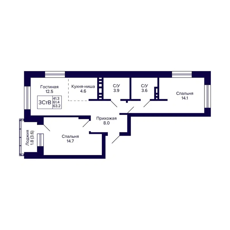 3-комнатная квартира 63.2 м² Сподвижники