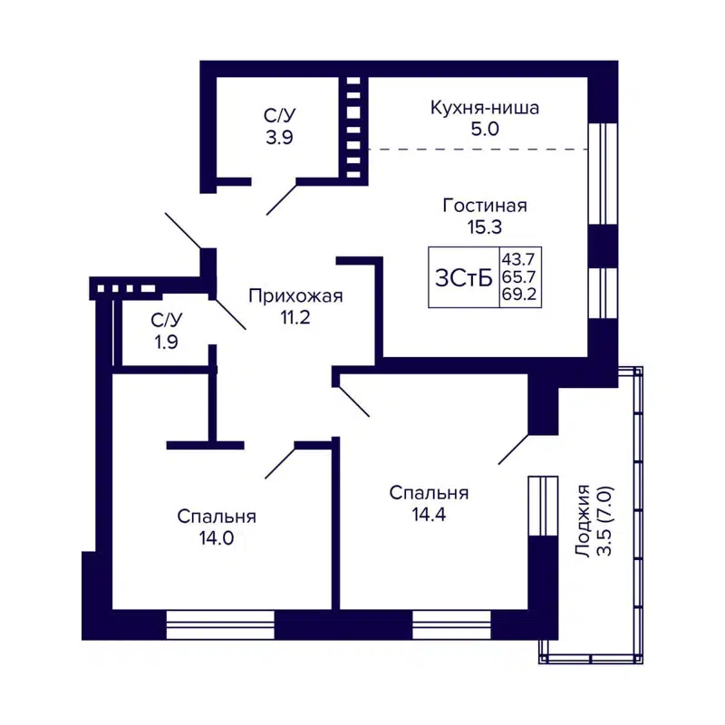 3-комнатная квартира 69.2 м² Сподвижники