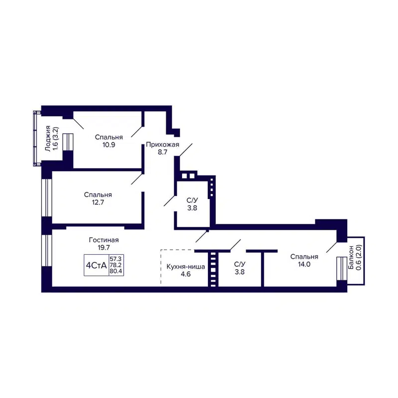 4-комнатная квартира 80.4 м² Сподвижники