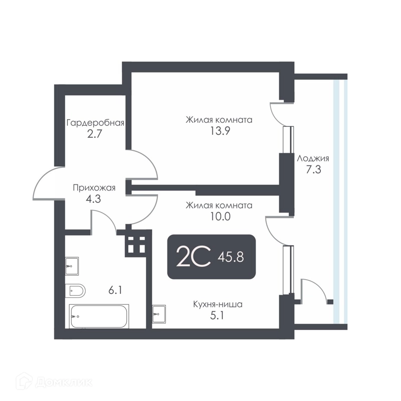 2-комнатная квартира 42.1 м² City Towers