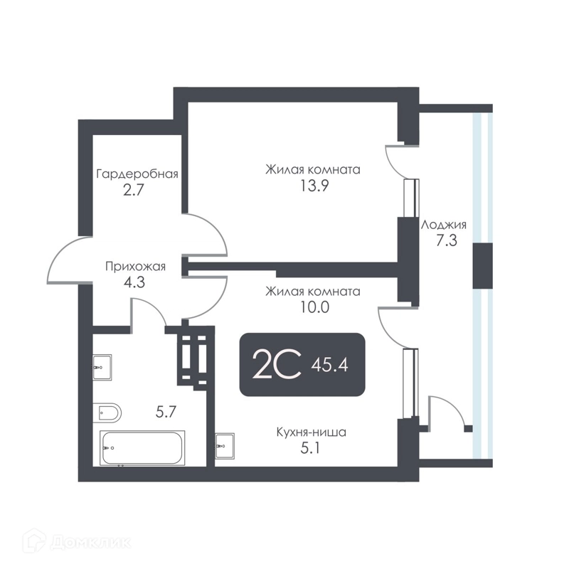 2-комнатная квартира 41.7 м² City Towers