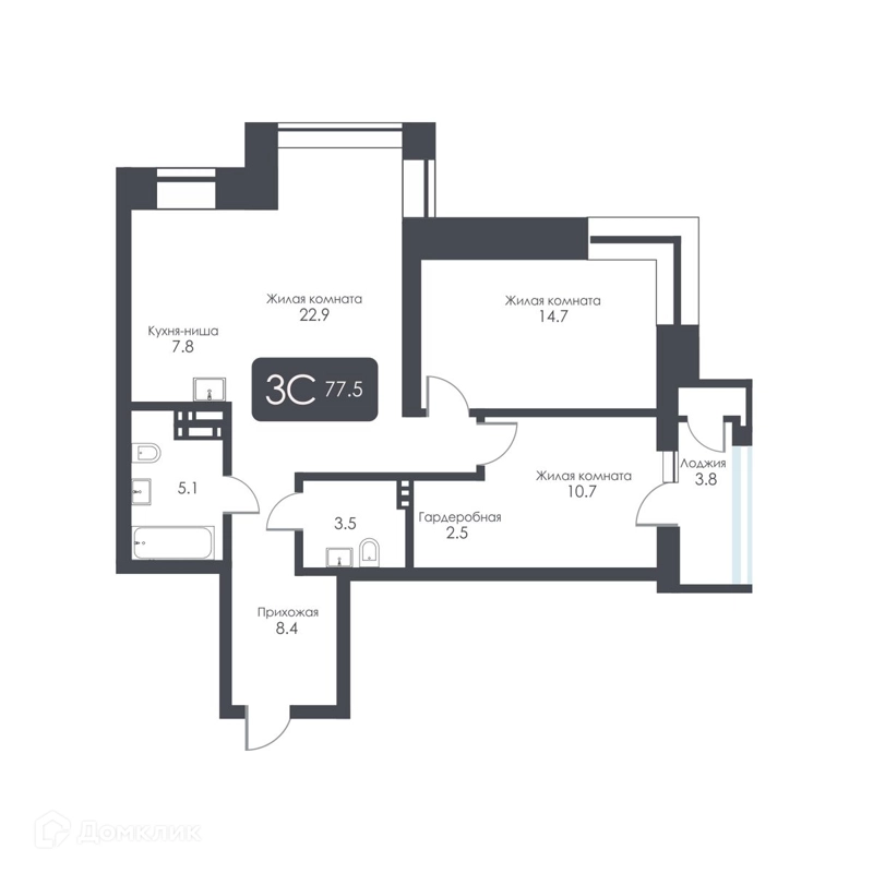 3-комнатная квартира 75.6 м² City Towers