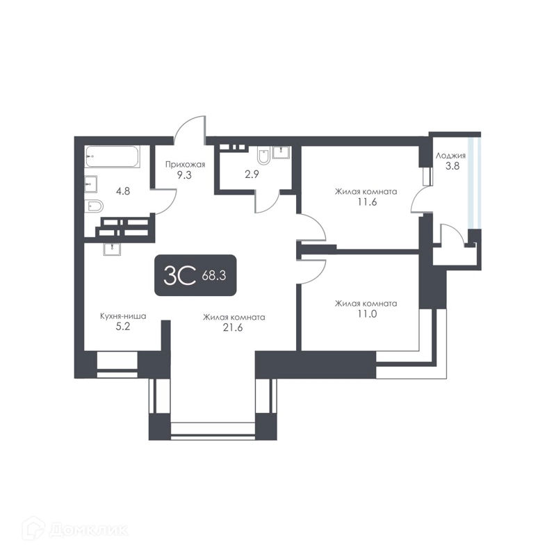 3-комнатная квартира 66.4 м² City Towers