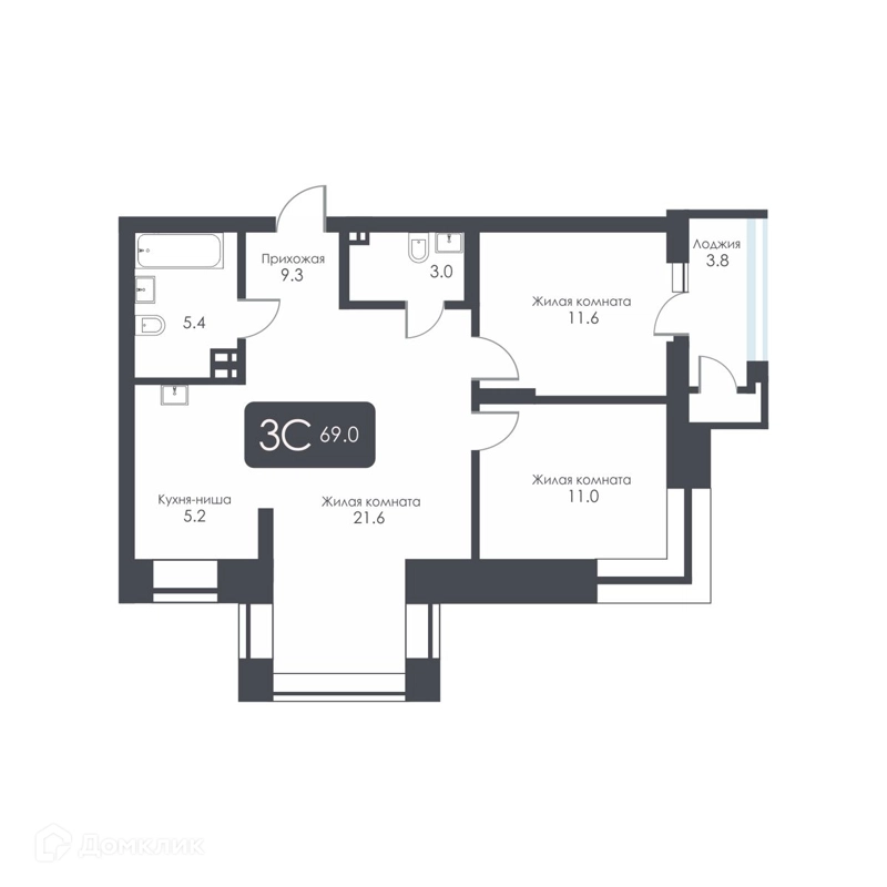 3-комнатная квартира 67.1 м² City Towers