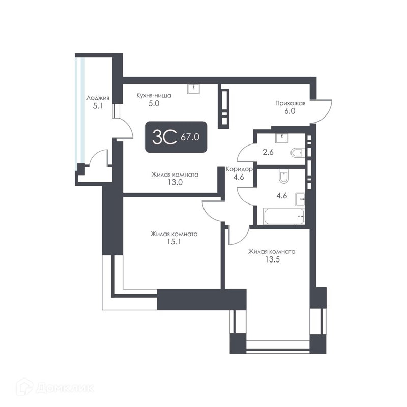 3-комнатная квартира 64.4 м² City Towers