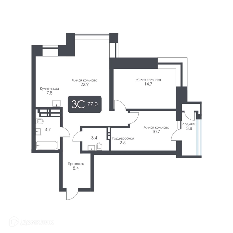3-комнатная квартира 75.1 м² City Towers