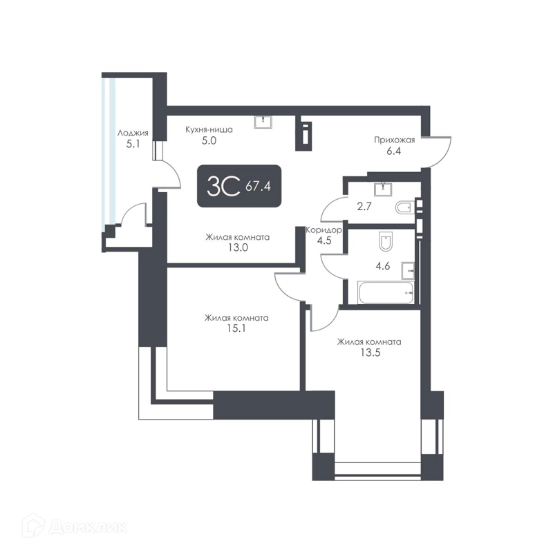 3-комнатная квартира 64.8 м² City Towers
