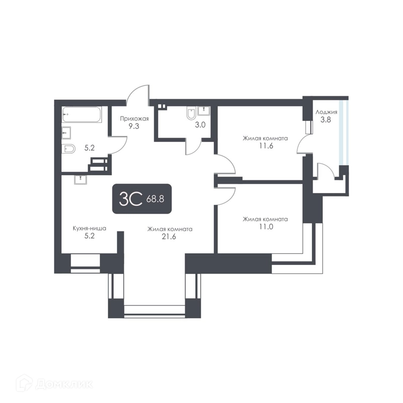 3-комнатная квартира 66.9 м² City Towers