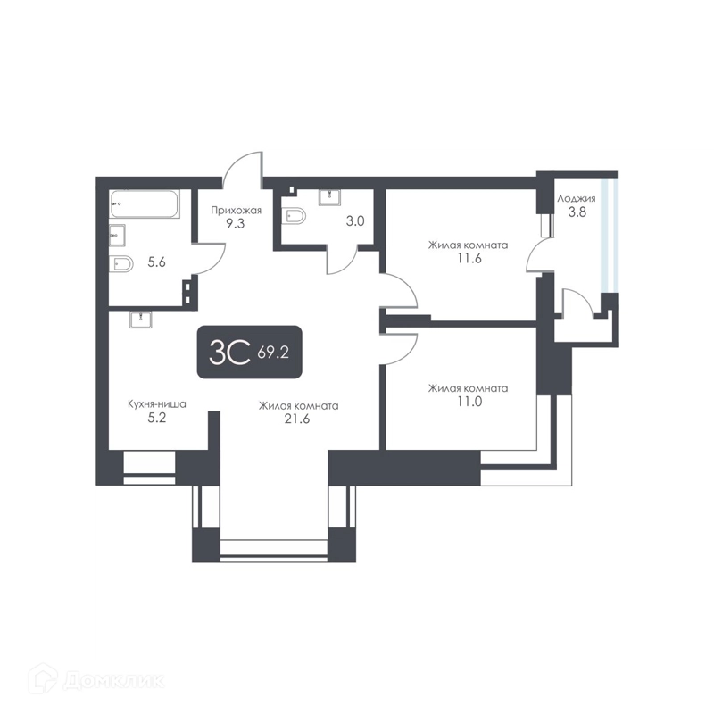 3-комнатная квартира 67.3 м² City Towers