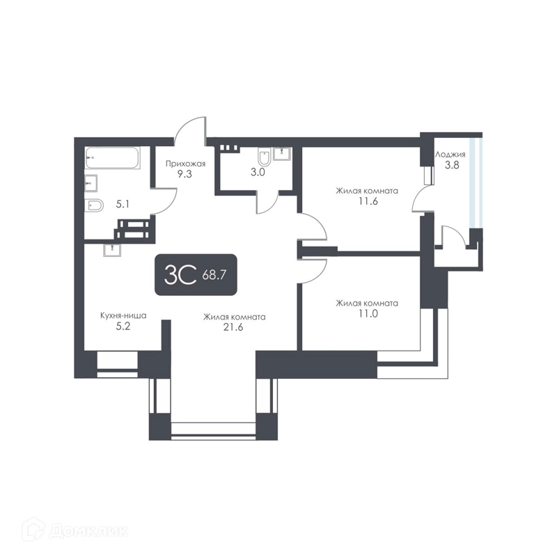 3-комнатная квартира 66.8 м² City Towers