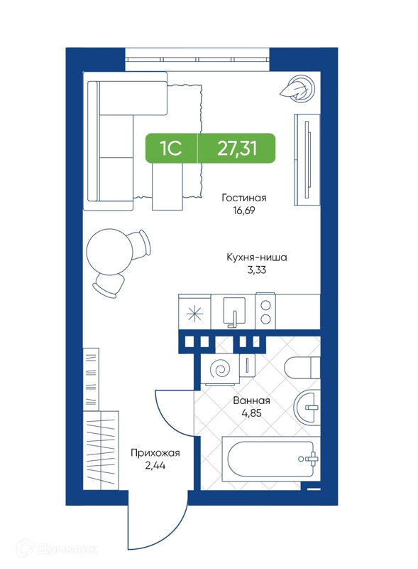 Студия 27.31 м² Биография