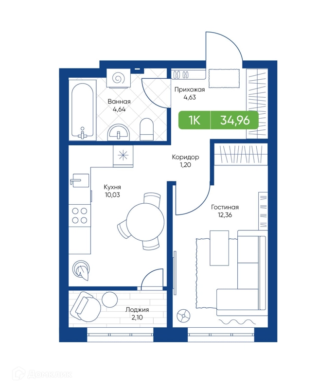 1-комнатная квартира 34.96 м² Биография