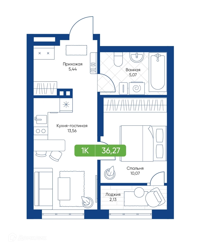 1-комнатная квартира 36.27 м² Биография