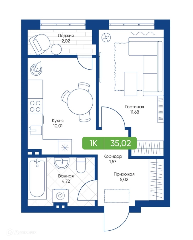 1-комнатная квартира 35.02 м² Биография