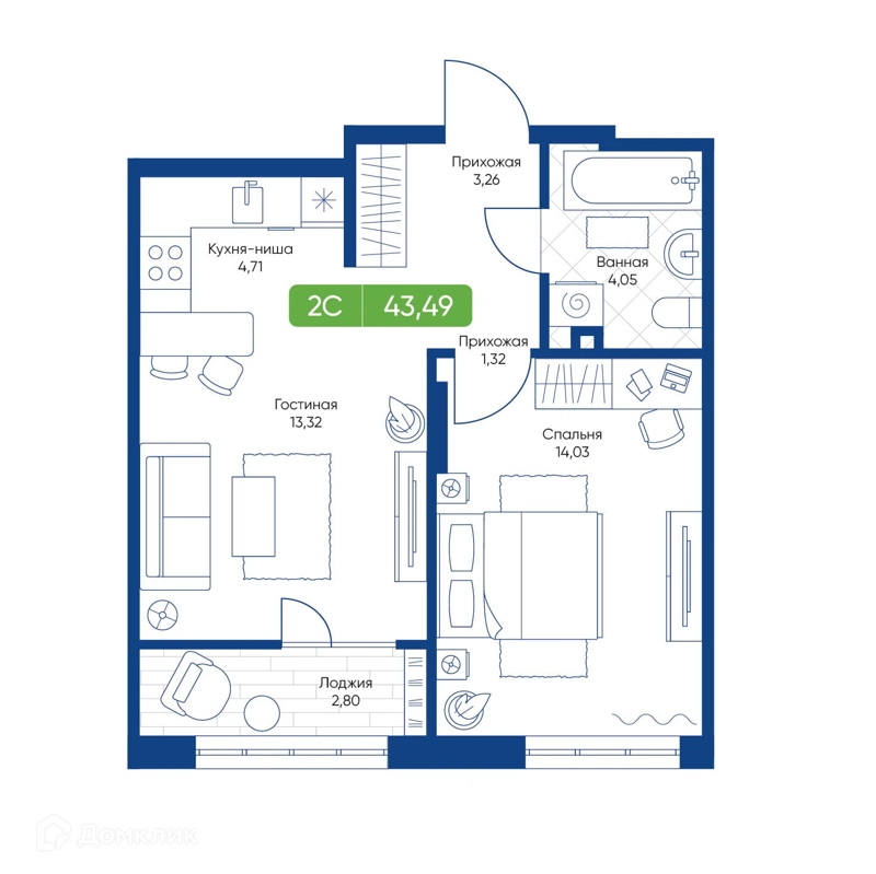 2-комнатная квартира 43.49 м² Биография