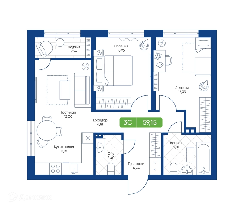 3-комнатная квартира 59.15 м² Биография