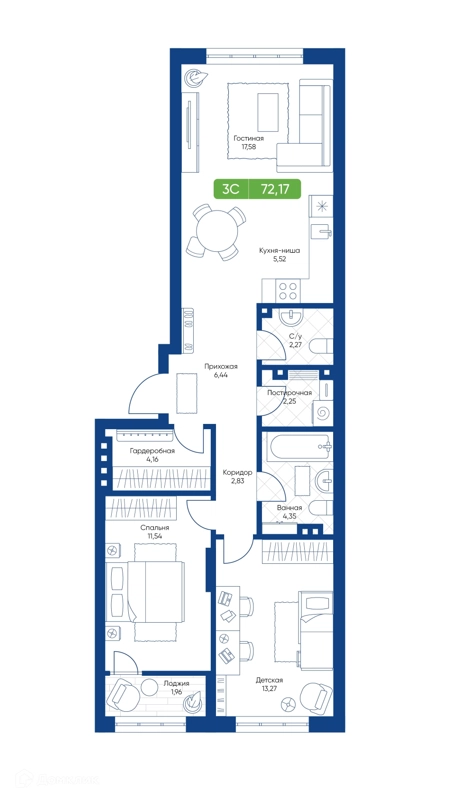 3-комнатная квартира 72.17 м² Биография
