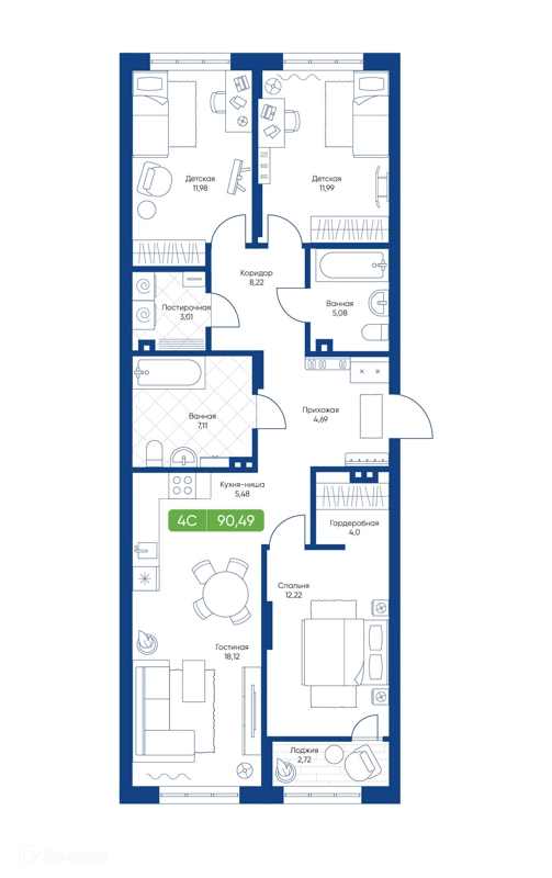 4-комнатная квартира 90.86 м² Биография