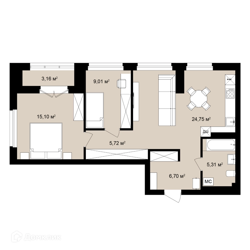 3-комнатная квартира 69.88 м² Римский квартал