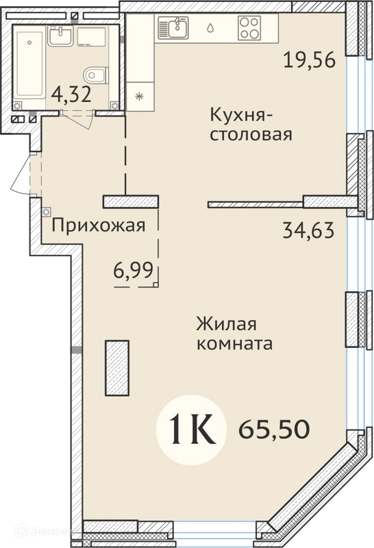 1-комнатная квартира 65.4 м² Заельцовский New