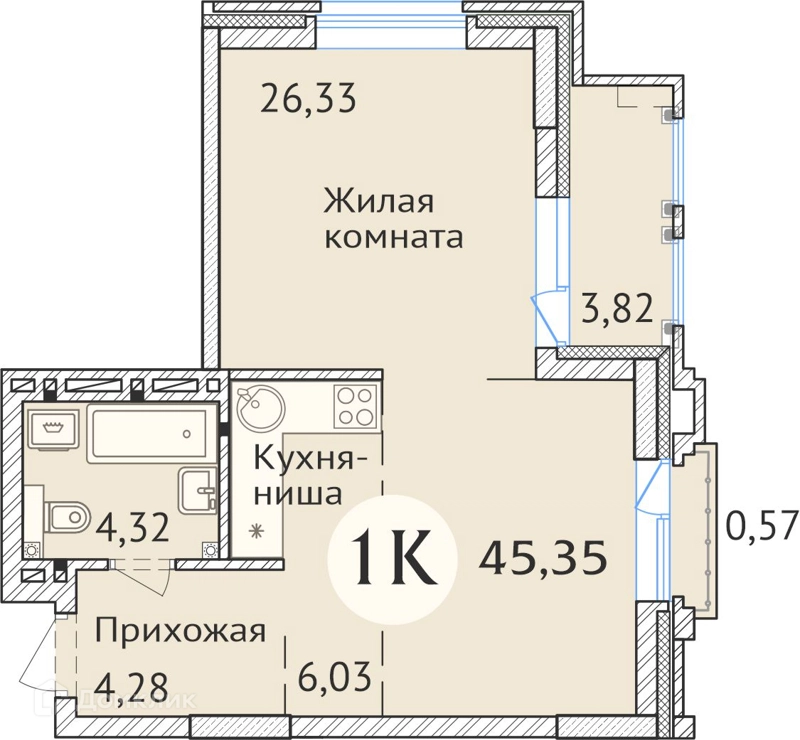 1-комнатная квартира 45.9 м² Заельцовский New