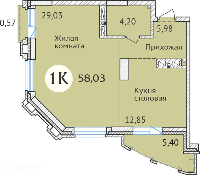 1-комнатная квартира 57.8 м² Заельцовский New