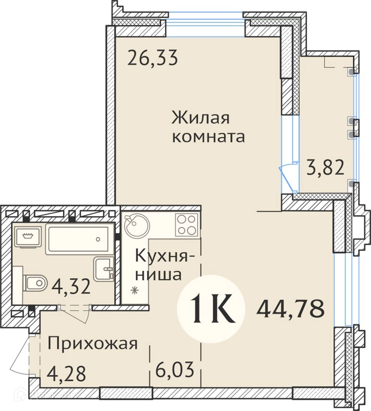 1-комнатная квартира 44.9 м² Заельцовский New