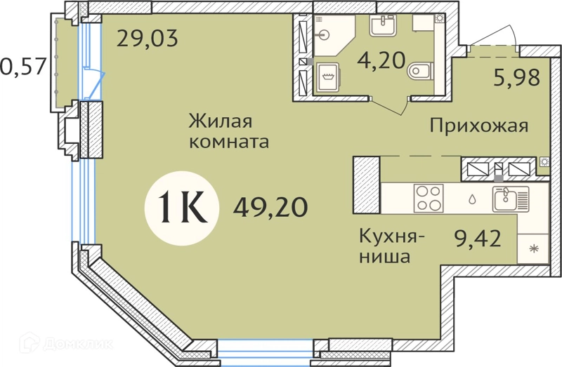 1-комнатная квартира 49.8 м² Заельцовский New