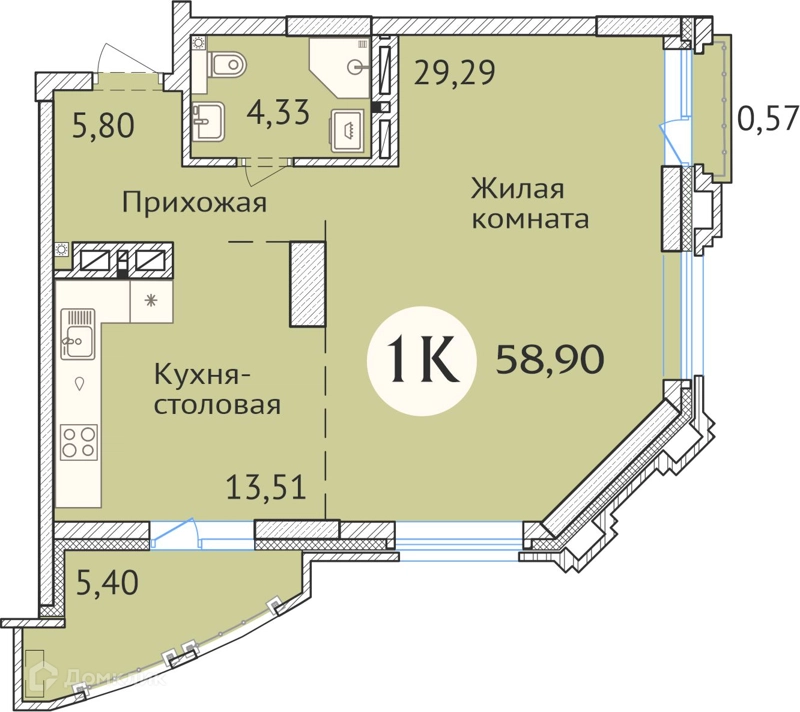 1-комнатная квартира 58.7 м² Заельцовский New