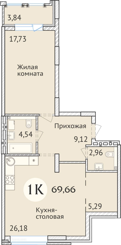 1-комнатная квартира 69.9 м² Заельцовский New