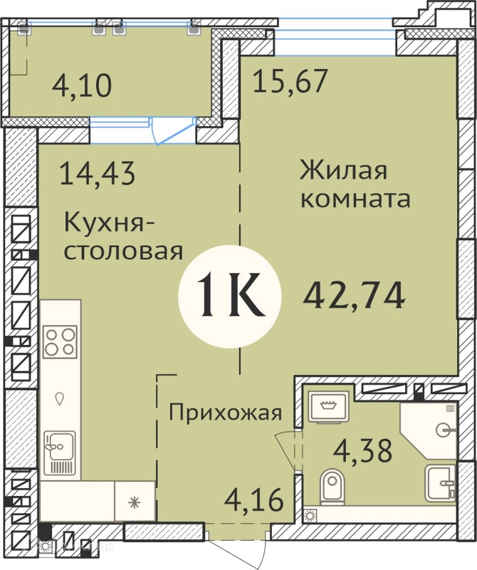 1-комнатная квартира 43 м² Заельцовский New